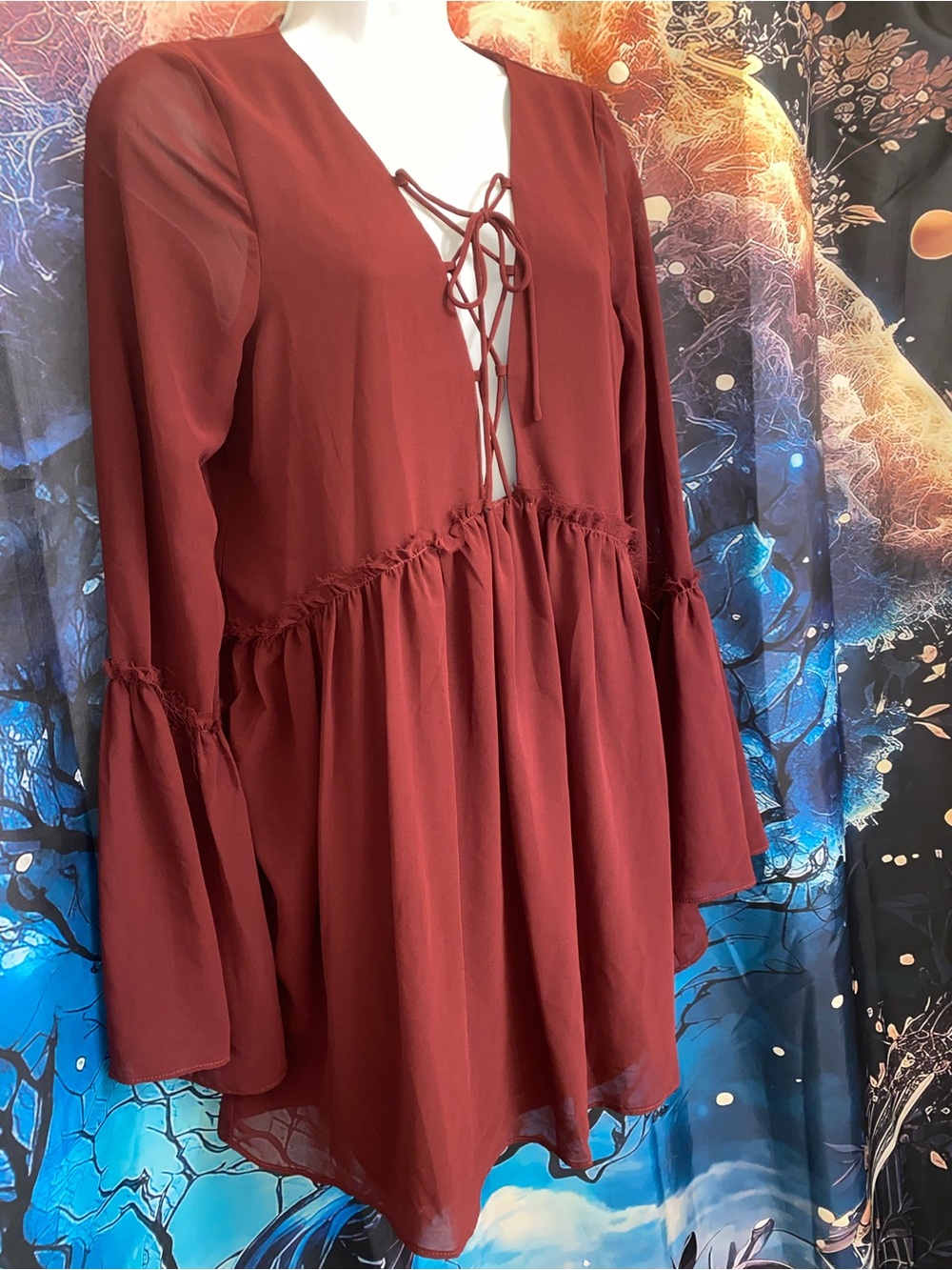 Maroon Lace-Up Babydoll Mini Dress Sz. S